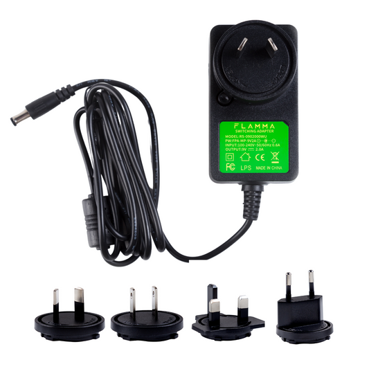FLAMMA 9V2A Universal International Travel Power Adapter Set with 4 Interchangeable plugs